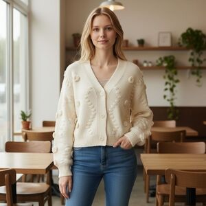 Jessica Simpson Bobble Knit Cardigan Crop Sweater, Cream Size L